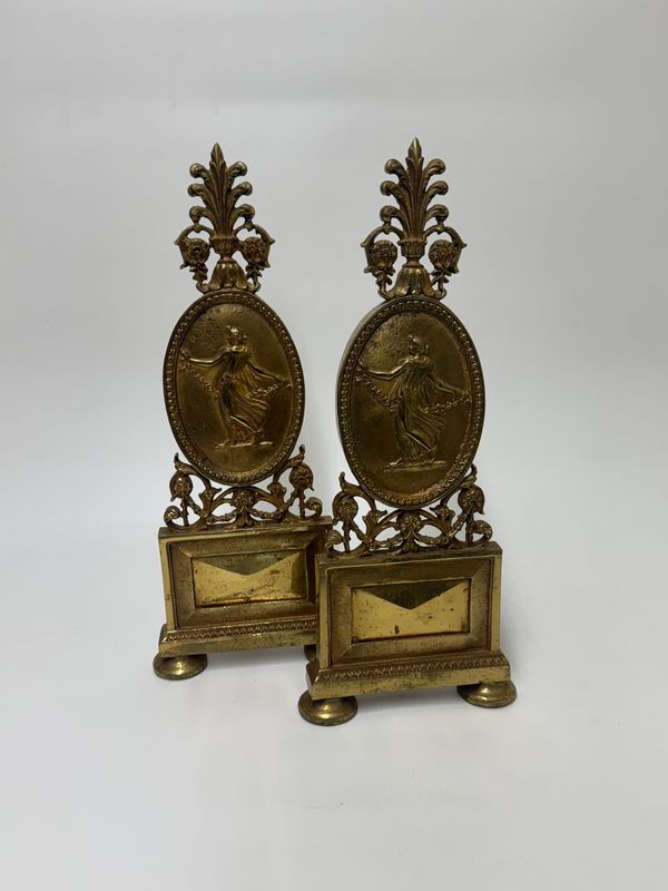 Antique Neoclassical Fireplace Andirons in Solid Brass