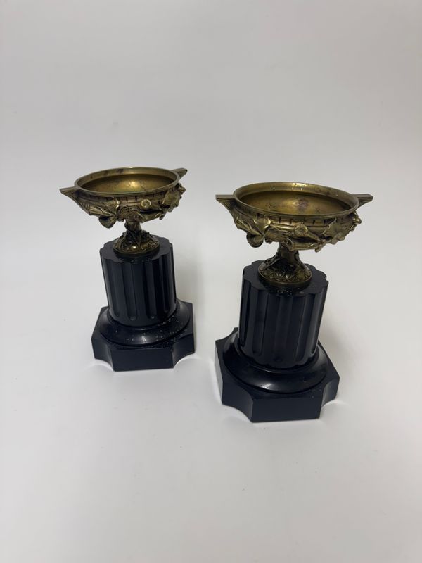 Brass and Black Marble Antique Trophy Cup Candle Holders, pair