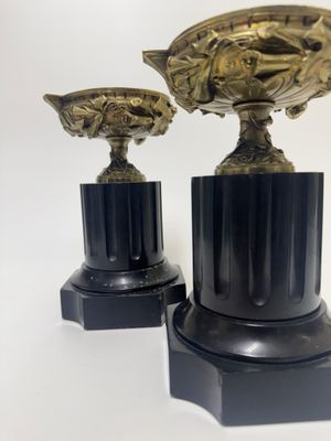 Brass and Black Marble Antique Trophy Cup Candle Holders, pair