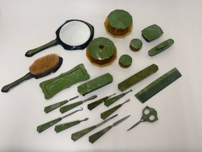 Art Deco Green Celluloid Vanity Grooming Set, 22 pieces