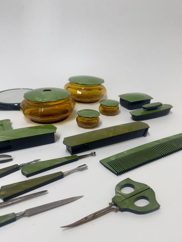 Art Deco Green Celluloid Vanity Grooming Set, 22 pieces