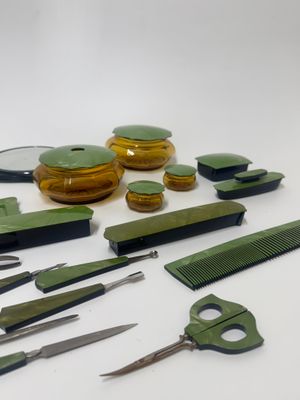 Art Deco Green Celluloid Vanity Grooming Set, 22 pieces