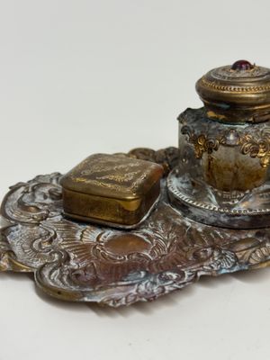 Antique Brass Victorian Desk Caddy w/ Inkwell and Stamp Holder