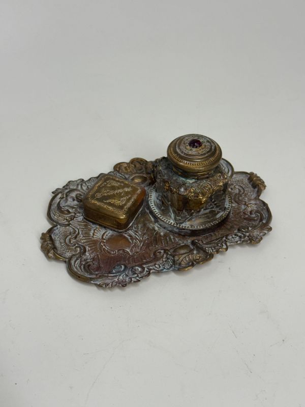 Antique Brass Victorian Desk Caddy w/ Inkwell and Stamp Holder