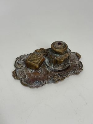 Antique Brass Victorian Desk Caddy w/ Inkwell and Stamp Holder