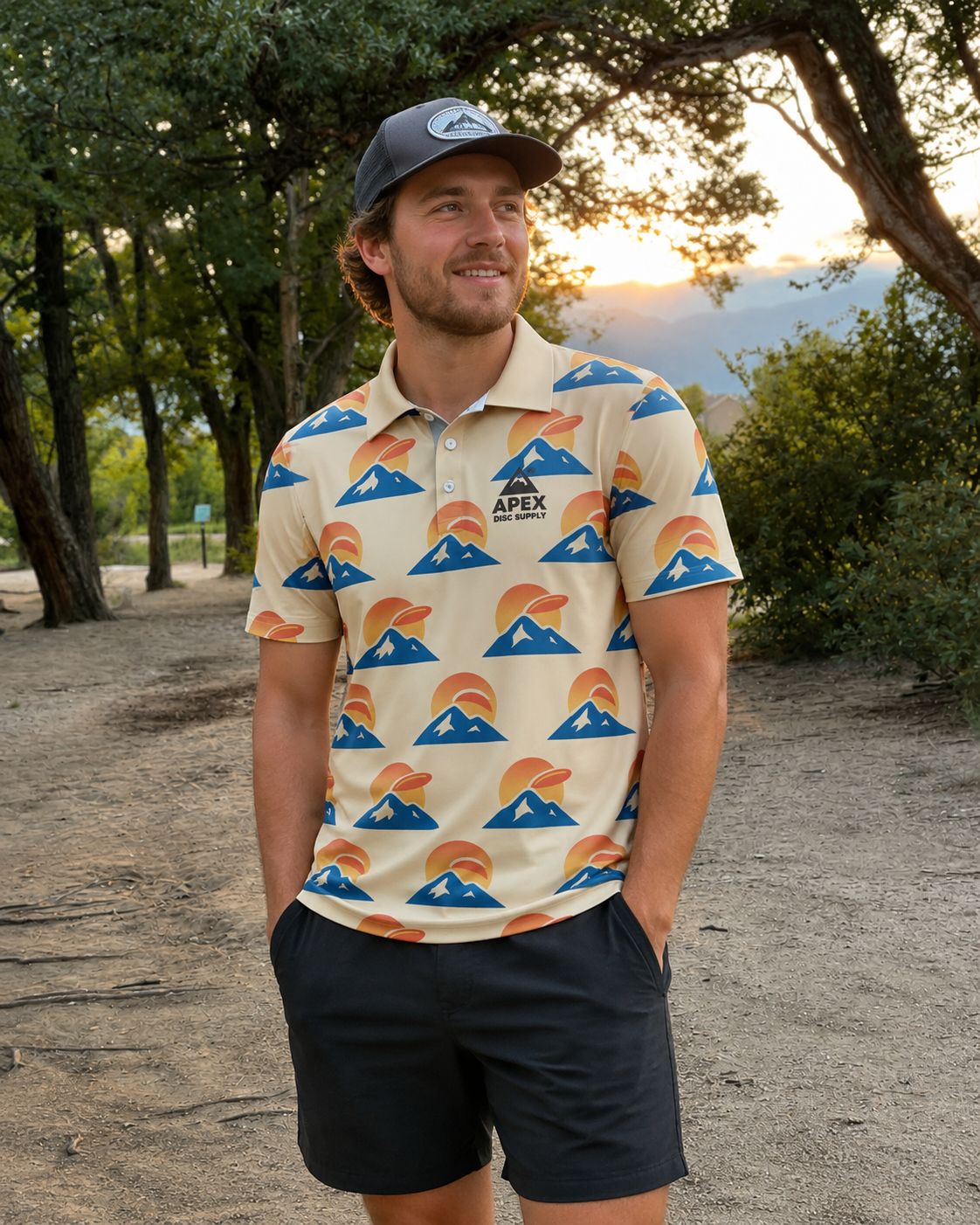 Disc Golf Polo - Mountain Disc/Sunset Design - Cream