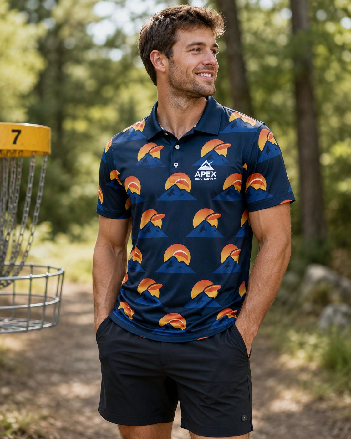 Disc Golf Polo - Mountain Disc/Sunset Design - Dark Blue
