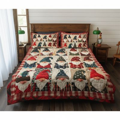 Gnome Huddle 3-Piece Quilted Bedding Set with Pillow Shams