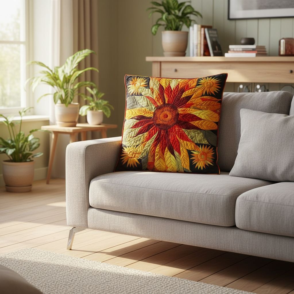 Autumn Leaves Sunflowers Quilted Pillow Case