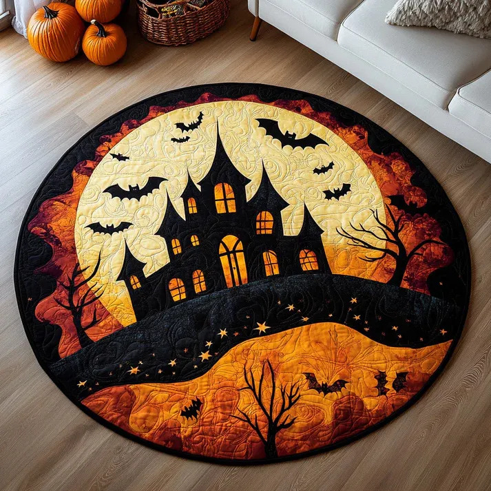 Abandoned Halloween Castle Quilted Round Mat