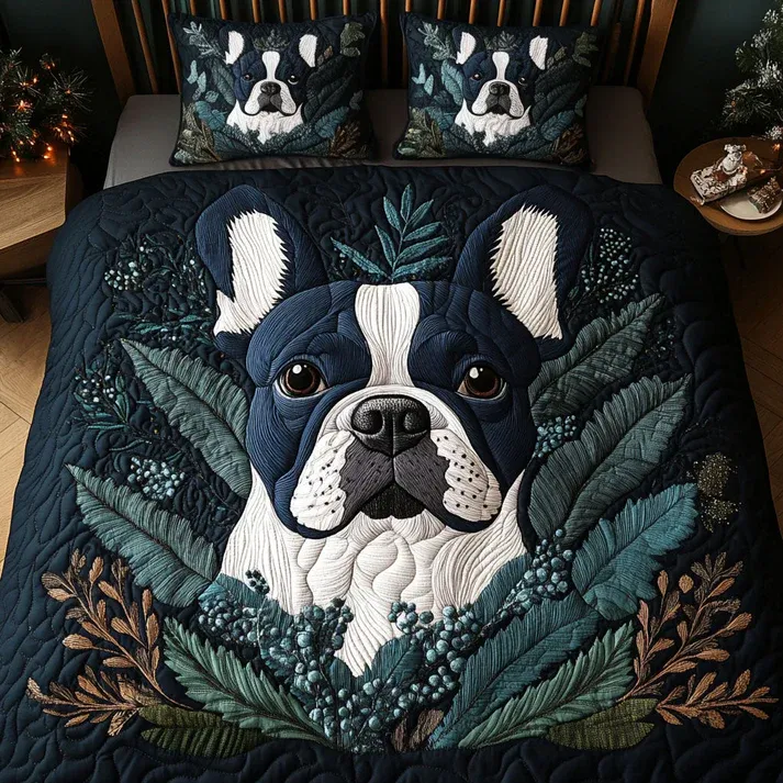 Frenchie Whiskers 3-Piece Quilted Bedding Set