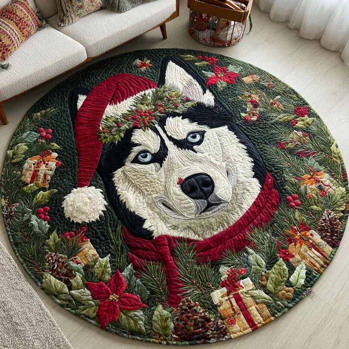Forest Husky Portrait Quilted Round Mat