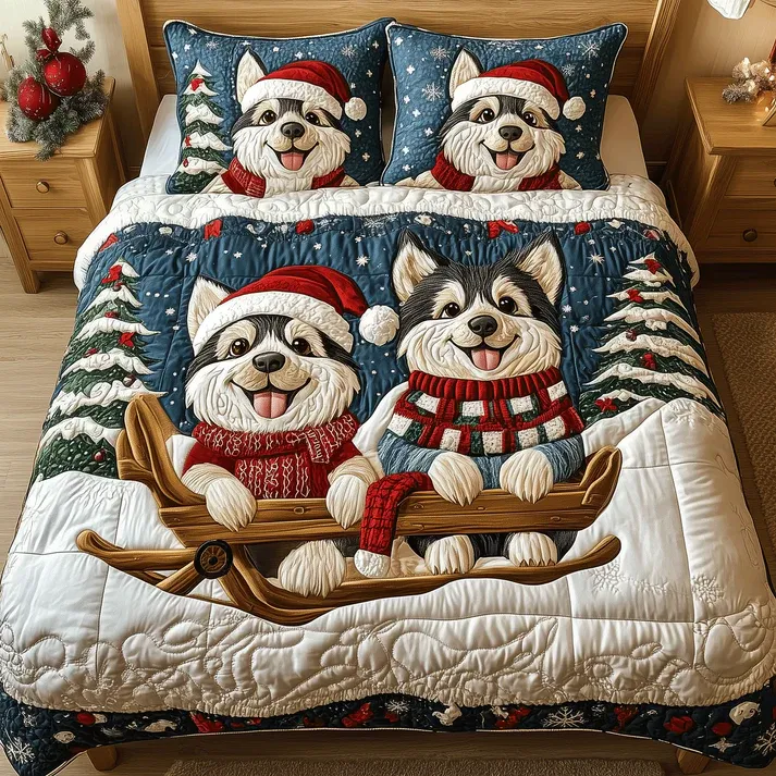 Snowy Husky Christmas 3-Piece Quilted Bedding Set with Pillow Shams