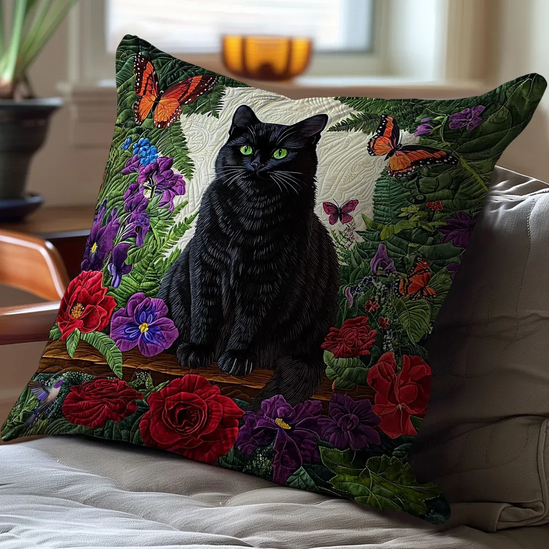 Black Cat In Garden Pillow Case