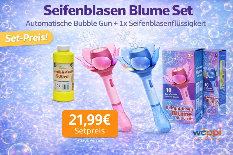 Magisches Seifenblasen-Blumen Set mit LED & Akku – 700 ml Seifenlösung inklusive