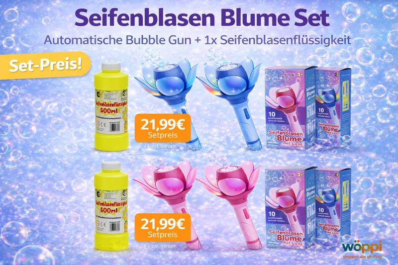 Magisches Seifenblasen-Blumen Set mit LED & Akku – 700 ml Seifenlösung inklusive