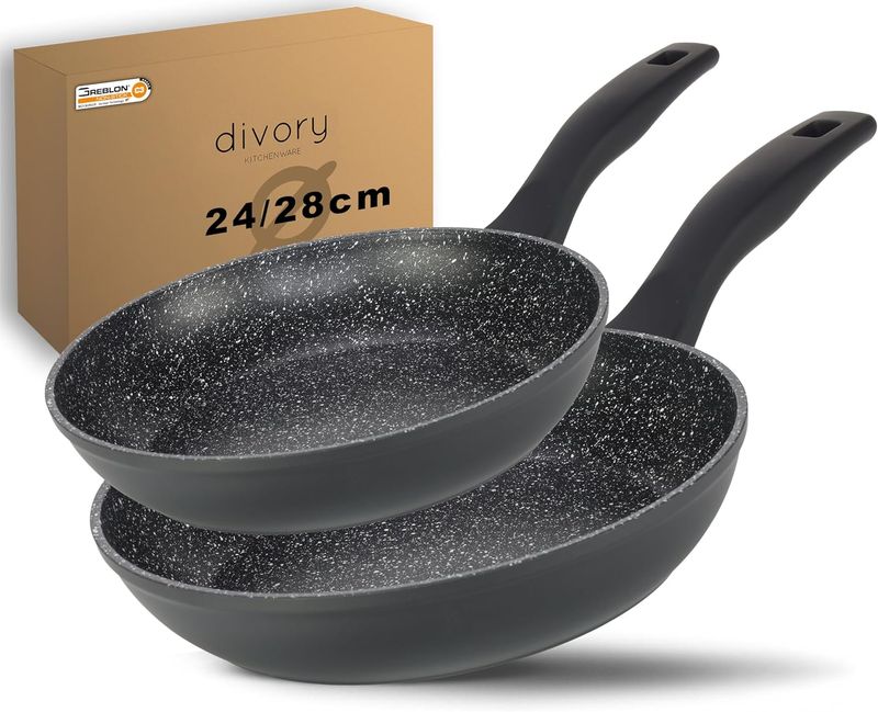 Bratpfannen Set 24 & 28 cm – Antihaft Pfanne Induktion, Backofenfest, PFOA-frei | DIVORY (schwarzer Griff)