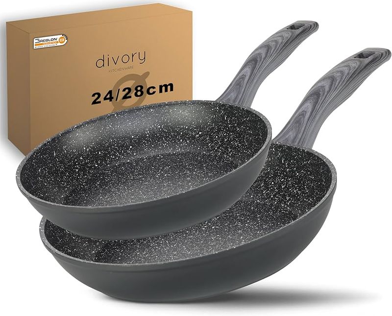 Bratpfannen Set 24 & 28 cm – Antihaft Pfanne Induktion, Backofenfest, PFOA-frei | DIVORY (grauer Holz Griff)