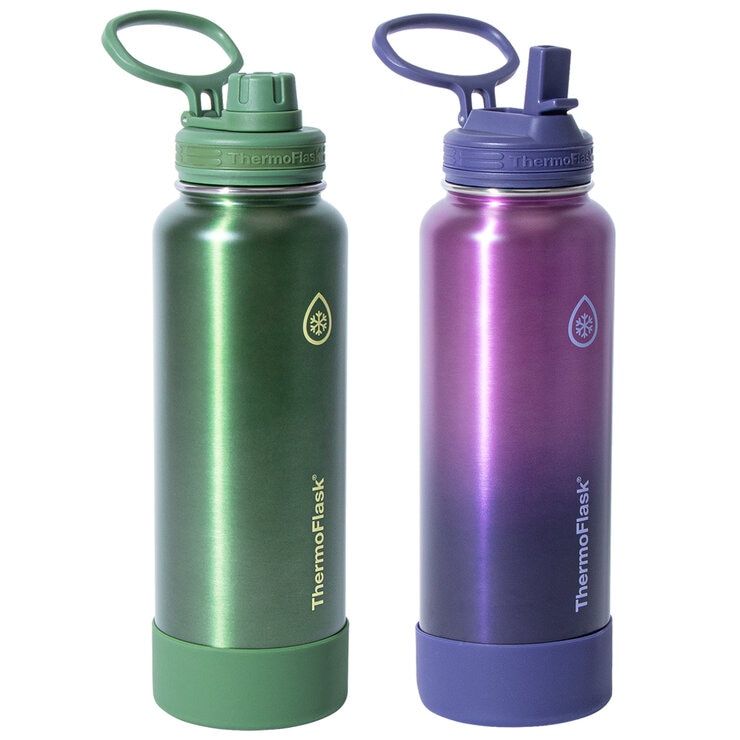 ThermoFlask Double Wall Stainless Steel Bottles With Spout And Straw Lid 2 Pack