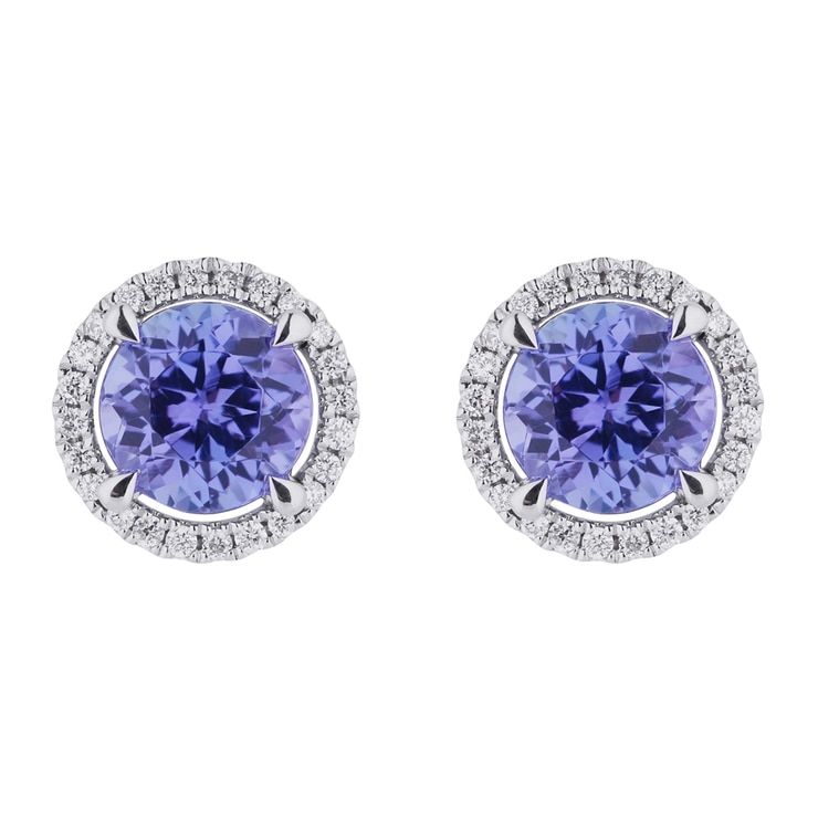 18KT White Gold Round Tanzanite And Diamond Earrings