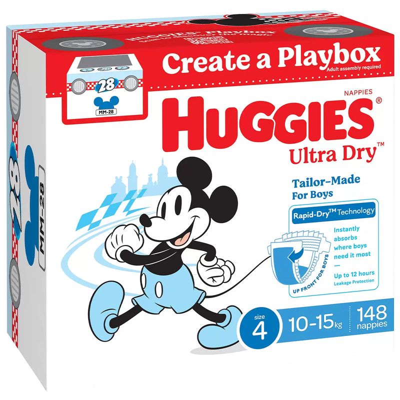 Huggies Boys&#39; Ultra Dry Nappies Size 4 Toddler (10-15kg) 148 Nappies