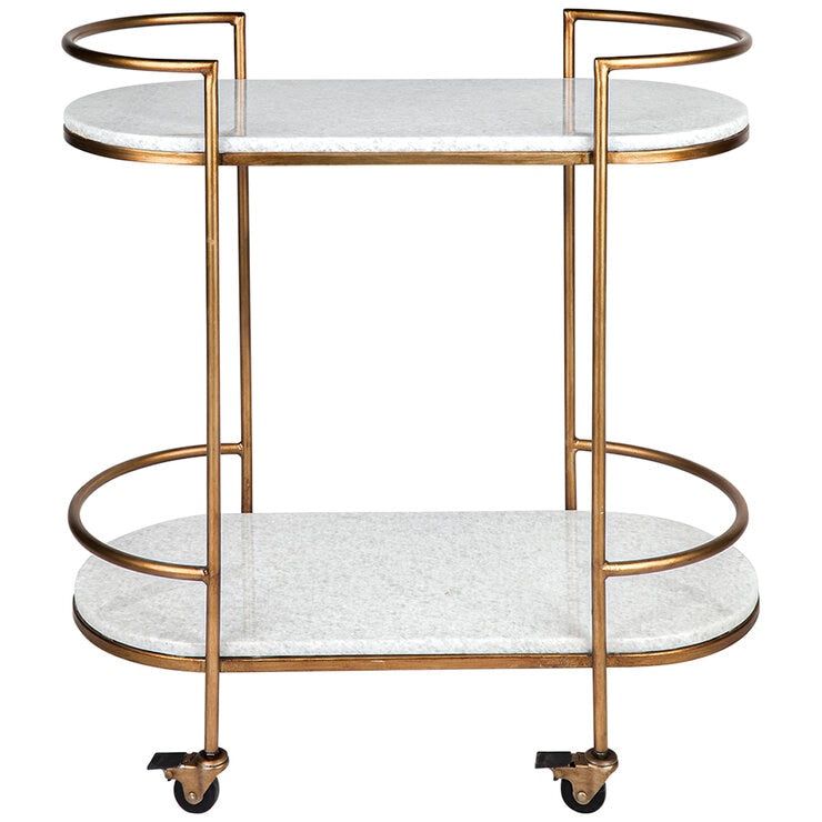 CAFE Lighting &amp; Living Southside White Stone Bar Cart Antique Gold