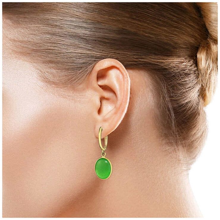 14KT Yellow Gold Dyed Green Jade Oval Bezel Hoop Earrings