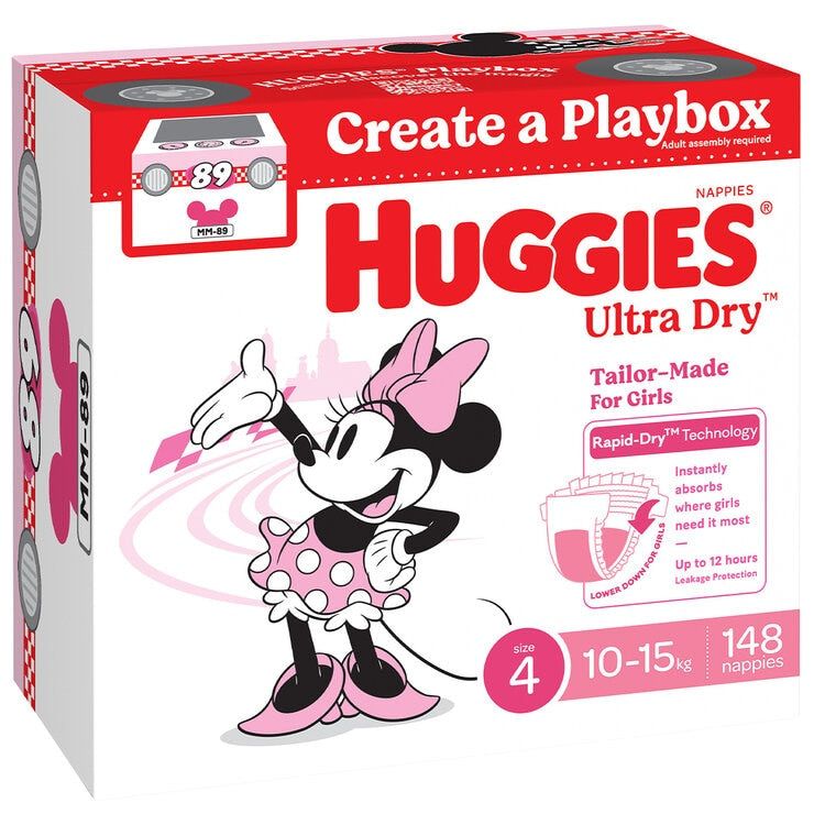 Huggies Girls&#39; Ultra Dry Nappies Size 4 Toddler (10-15kg) 148 Nappies