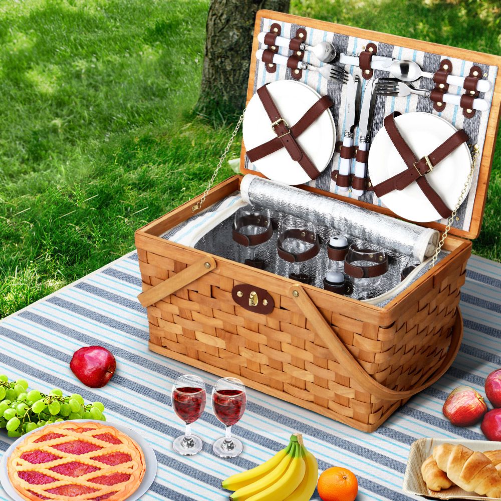 Alfresco 4 Person Picnic Basket Set Wooden Blanket Cooler Bag Outdoor Insulated