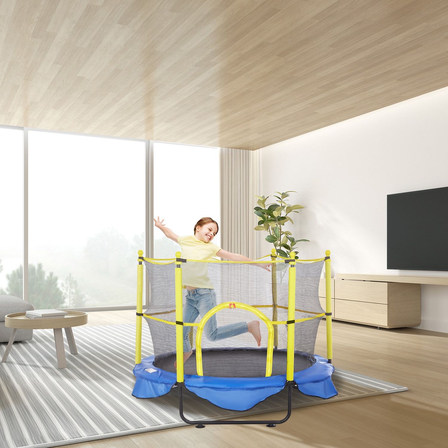 VEVOR 5FT Trampoline for Kids, 60&quot; Indoor Outdoor Trampoline with Safety Enclosure Net, Basketball Hoop and Ocean Balls, Mini Toddler Recreational Trampoline Birthday Gifts for 3+ Years Kids.