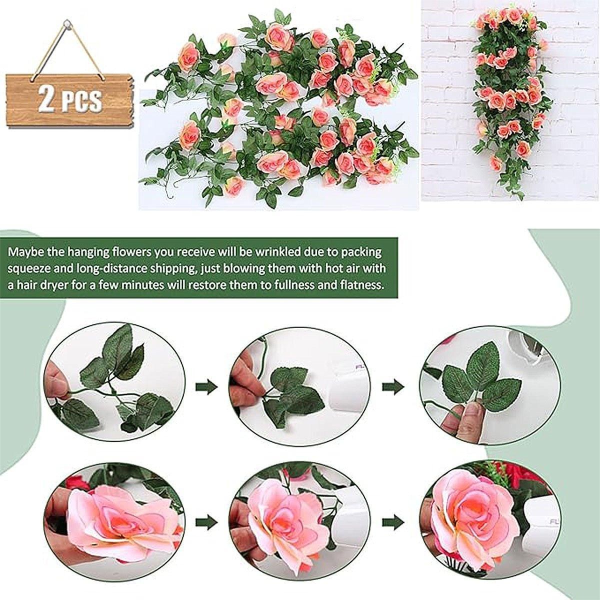 2PCS Artificial Rose Flower Garland Hanging Vine Home Wall Decor Fake Rattan - Red