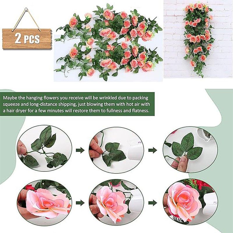 2PCS Artificial Rose Flower Garland Hanging Vine Home Wall Decor Fake Rattan - Red