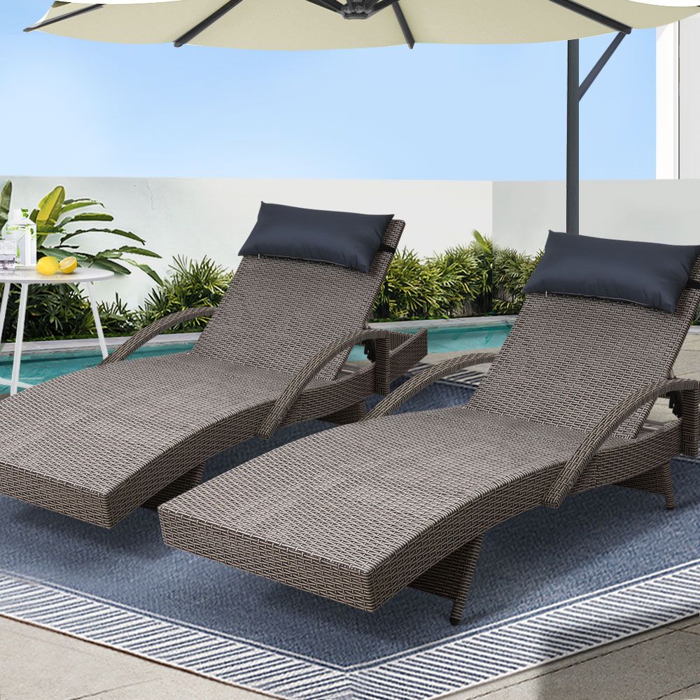 Gardeon 2x Sun Lounge Wicker Lounger Outdoor Furniture Beach Armchair Adjustable Grey&amp;Beige