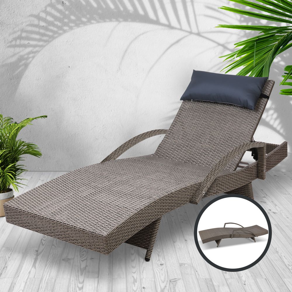 Gardeon Sun Lounge Wicker Lounger Outdoor Furniture Beach Armchair Adjustable Grey&amp;Beige