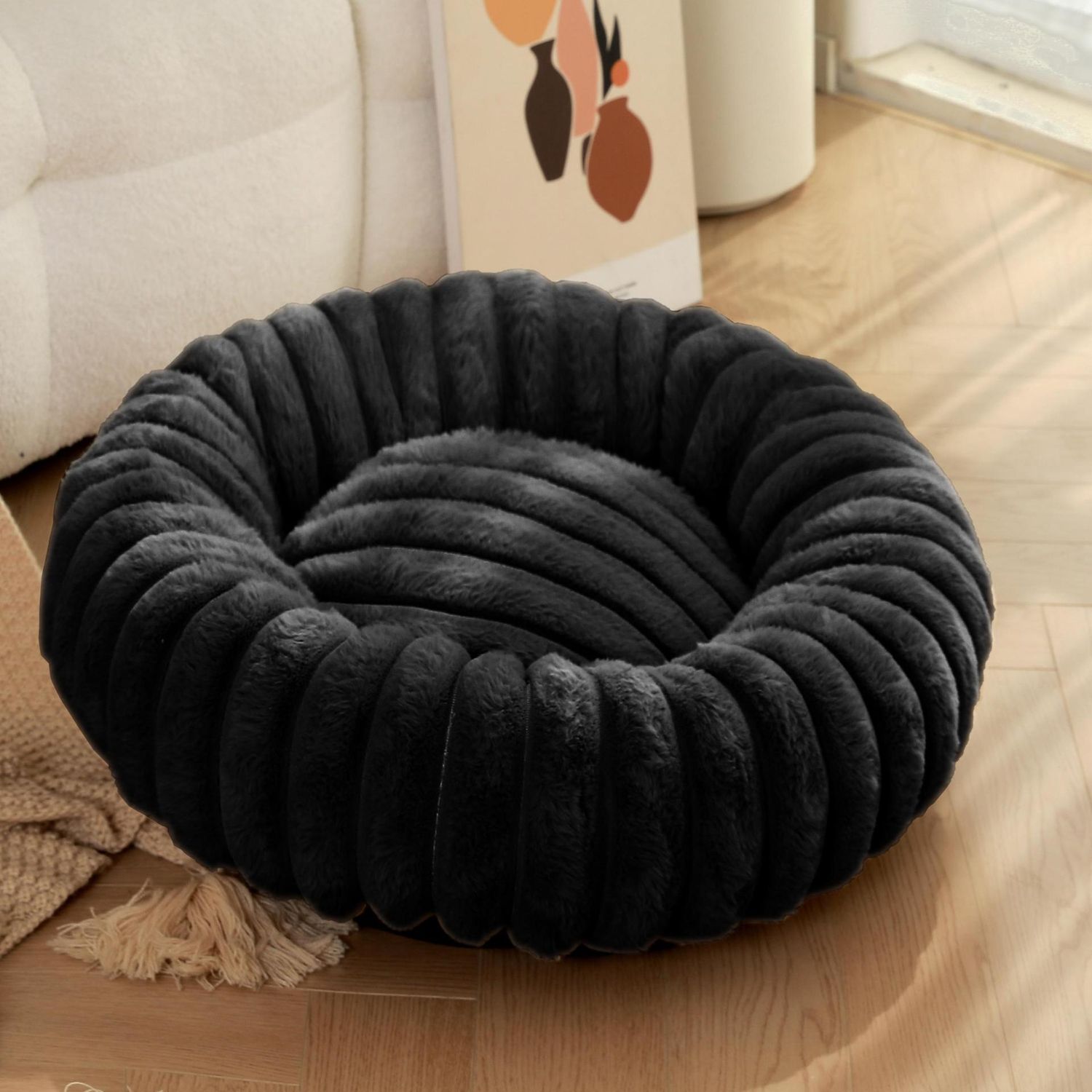 Black Plush Pet Bed - 40cm Round Dog &amp; Cat Mat, Cozy PP Cotton Filled, Comfortable Pet Supplies