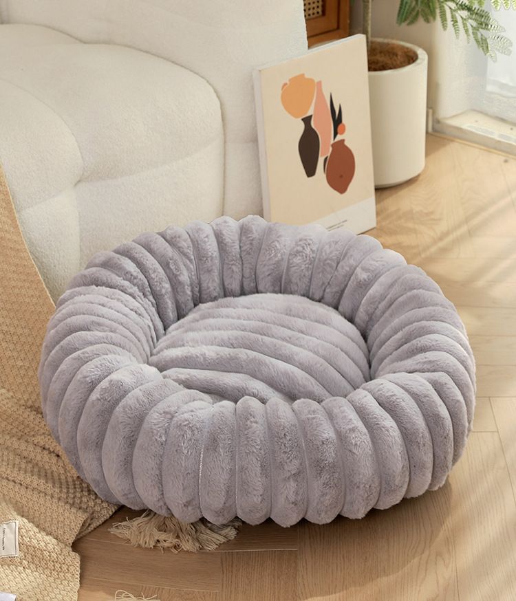Grey Plush Pet Bed - 40cm Round Dog &amp; Cat Mat, Cozy PP Cotton Filled, Comfortable Pet Supplies