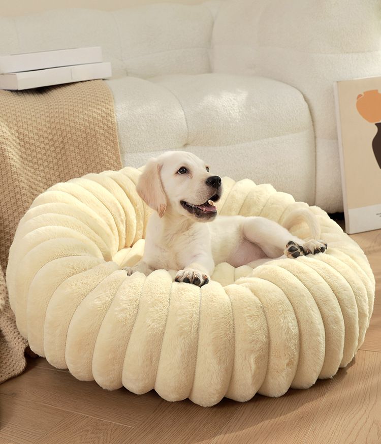 Beige Plush Pet Bed - 40cm Round Dog &amp; Cat Mat, Cozy PP Cotton Filled, Comfortable Pet Supplies
