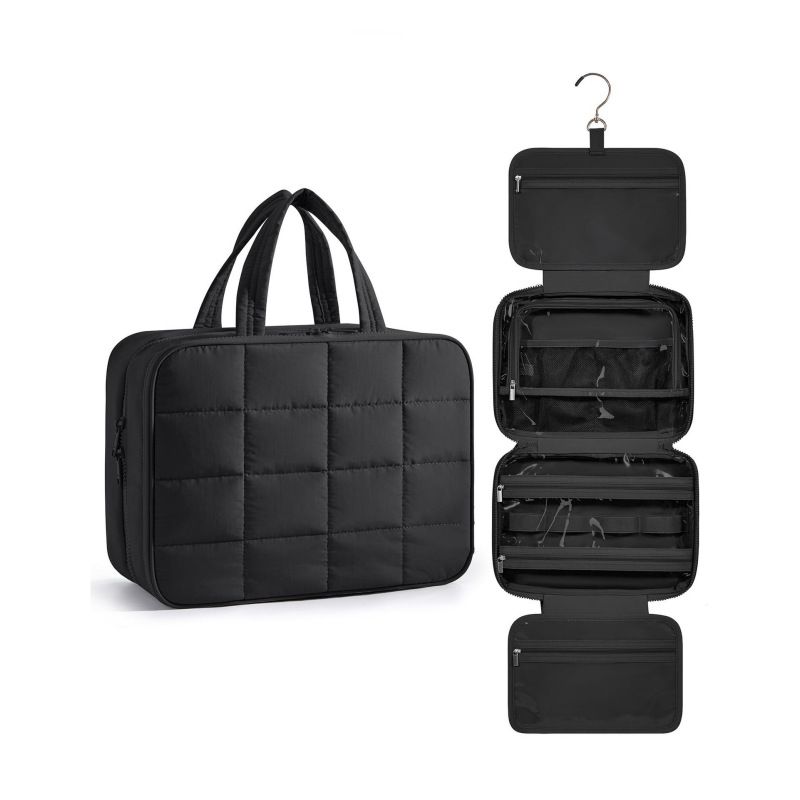 Size M Black Quilted Hanging Toiletry Bag with Jewelry Organizer - Travel Cosmetic Case(28*12*20)