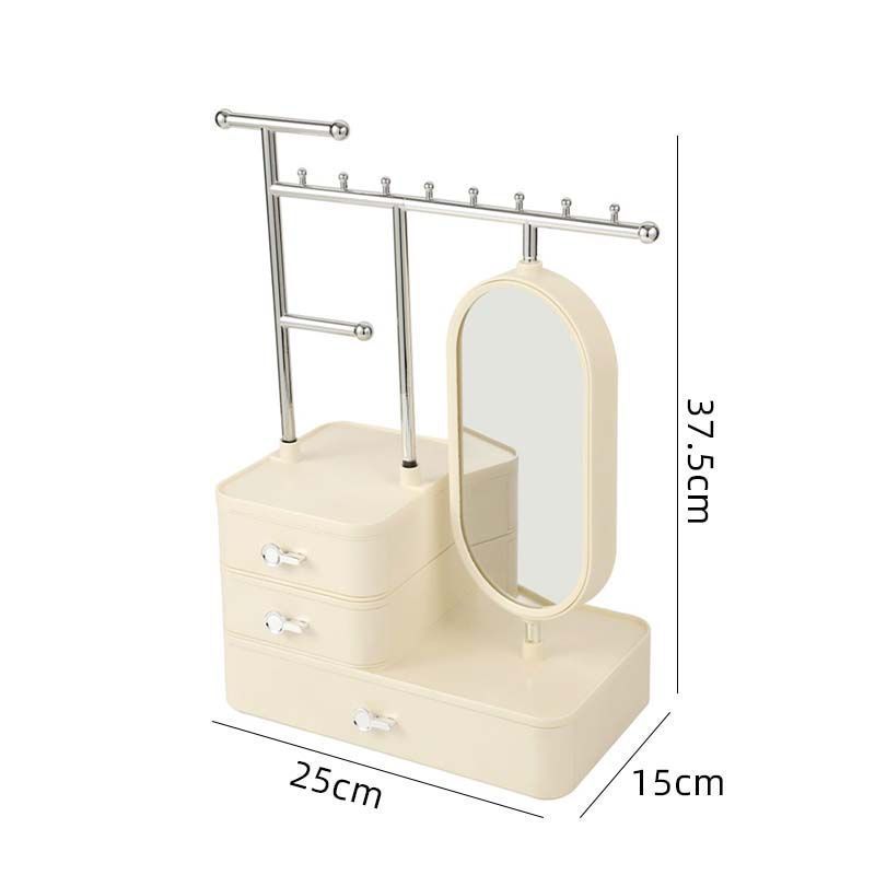 Elegant Cream Color Jewelry Organizer with Mirror - Multi-Layer Storage &amp; Display Stand (25x15x37.5cm)