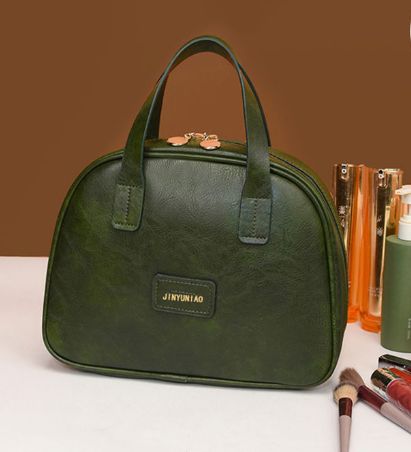 Green Retro PU Leather Cosmetic Bag - Large Capacity Travel Toiletry Organizer Pouch