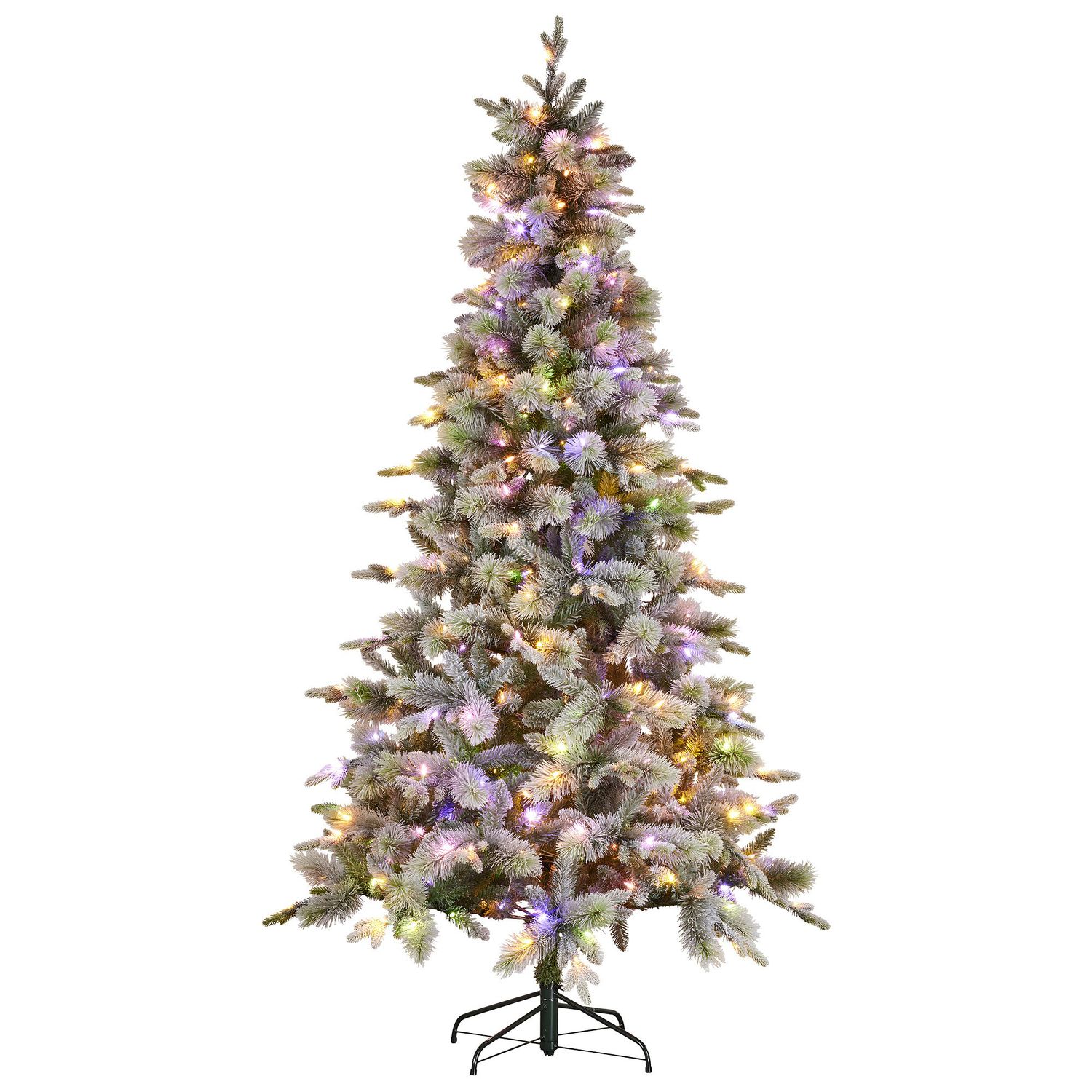 National Tree Company Snowy Stamford Spruce 7.5ft Christmas Tree Multi Functional White Coloured LED Lights &amp; Foot Pedal