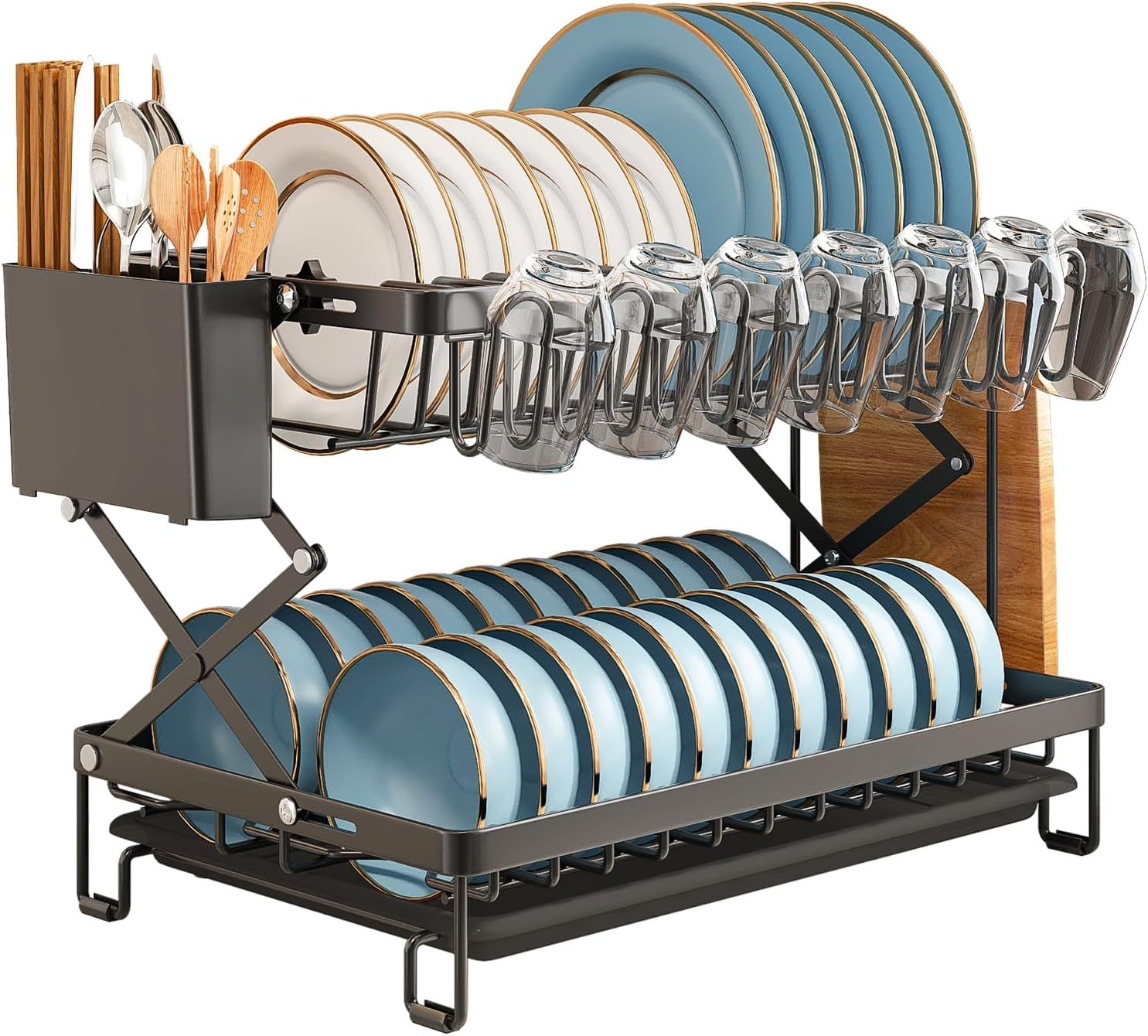 CARLA HOME 2-Tier Dish Drying Rack with Drainage Tray, Utensil Holder, Cup Hooks &amp; Cutting Board Rack for Kitchen (Black)