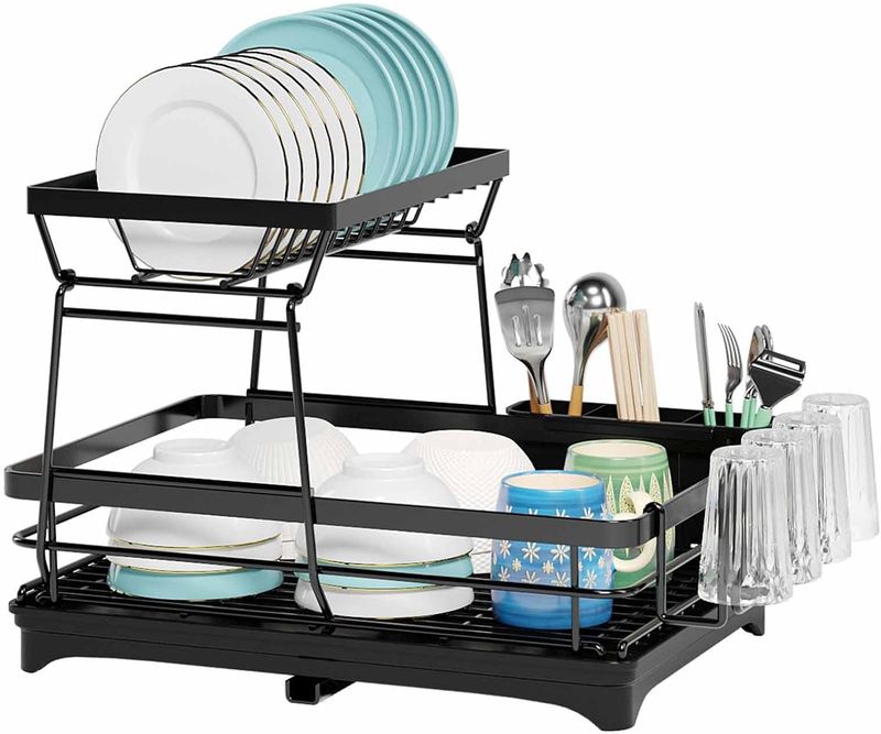 CARLA HOME 2-Tier Dish Drying Rack for Kitchen Counter with Drainboard, Utensil Holder, Cup Rack &amp; Cutlery Organizer