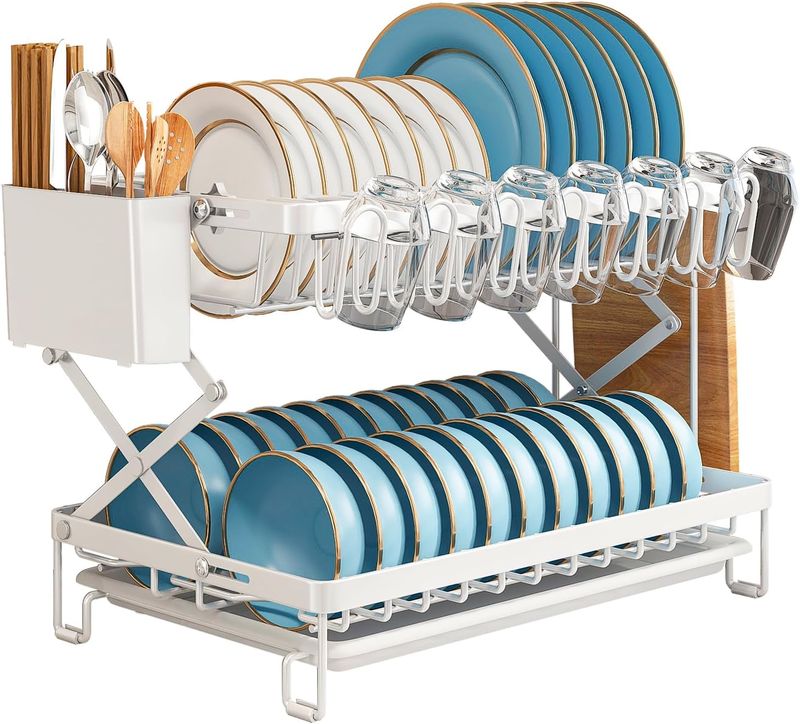 CARLA HOME 2-Tier Dish Drying Rack with Drainage Tray, Utensil Holder, Cup Hooks &amp; Cutting Board Rack for Kitchen (White)