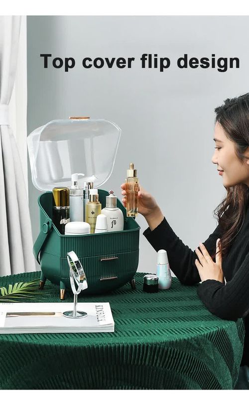 Dark Green Multifunctional Makeup Organizer with Large Capacity and Transparent Design(Makeup is a prop for shooting and is not included)