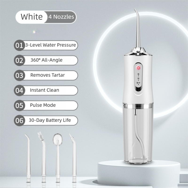 White Cordless Water Flosser, USB Rechargeable with 4 Tips
