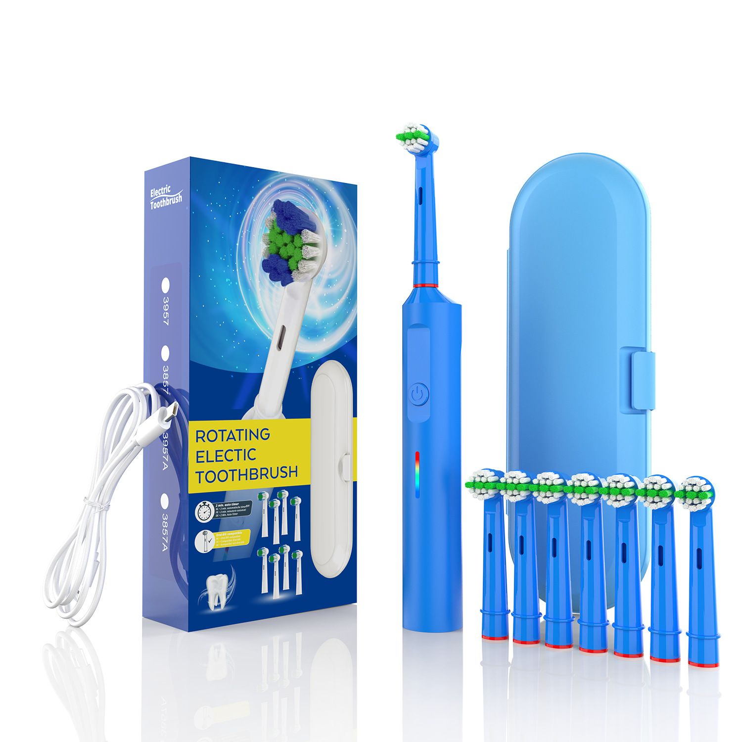 Rotating Electric Toothbrush with 3D Cleaning Action - 3 Modes, IPX7 Waterproof, with Travel Case &amp; 6 Brush Heads(blue)