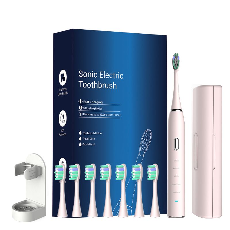 Pink Sonic Rechargeable Electric Toothbrush with 8 Heads &amp; Travel Case - 5 Brushing Modes &amp; Smart Timer(USB)