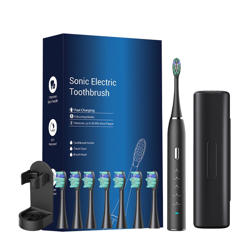 Black Sonic Rechargeable Electric Toothbrush with 8 Heads &amp; Travel Case - 5 Brushing Modes &amp; Smart Timer(USB)