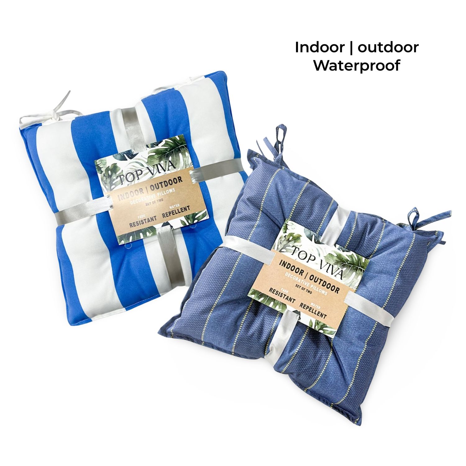 Set 2 Blue Stripe Cushion Indoor Outdoor Chair Pad 40cm